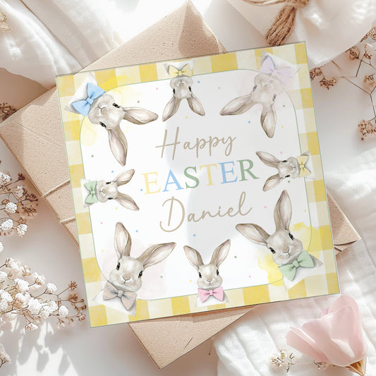Yellow Gingham Watercolour Bunnies Easter Card