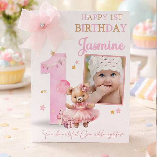 Personalised Girls Large A4 Photo Birthday Card – Pink Teddy Bear