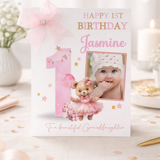 Personalised Girls Large A4 Photo Birthday Card – Pink Teddy Bear