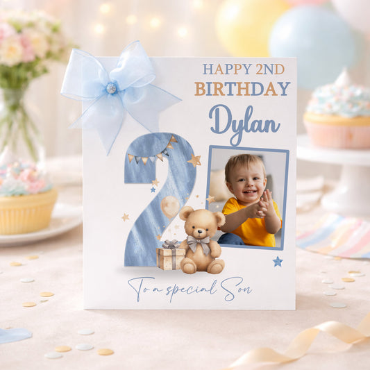 Personalised Boys Large A4 Photo Birthday Card Blue Teddy Bear