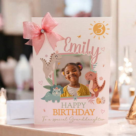 Large A4 Girls Personalised Photo Birthday Card Pink Dinosaurs