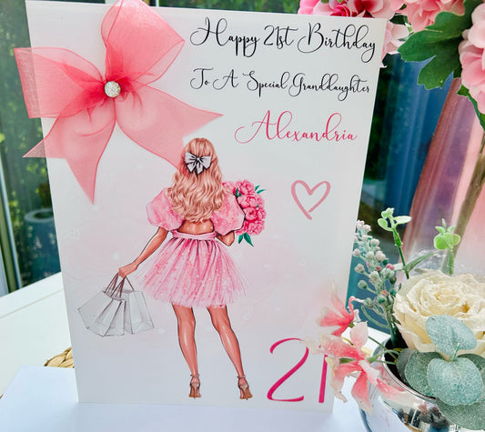 Personalised Luxury Large A4 Birthday Card Girl Pink Dress
