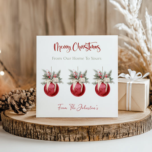 Personalised Christmas Card Pack 10, 20, 30, 40, 50 - Red Baubles