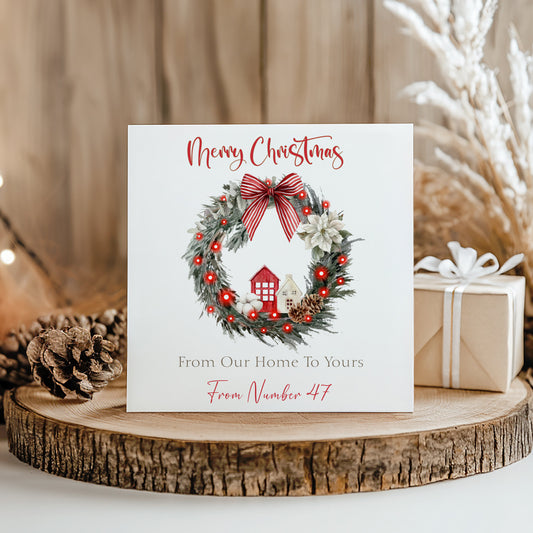 Personalised Christmas Card Pack 10, 20, 30, 40, 50 - Candy Stripe Bow Wreath