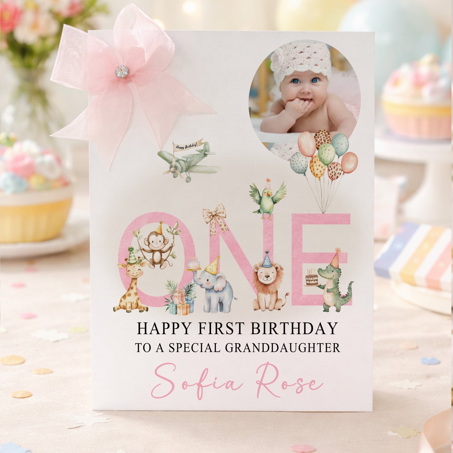 Large A4 Luxury Personalised First Birthday Card, Jungle Animals Girl