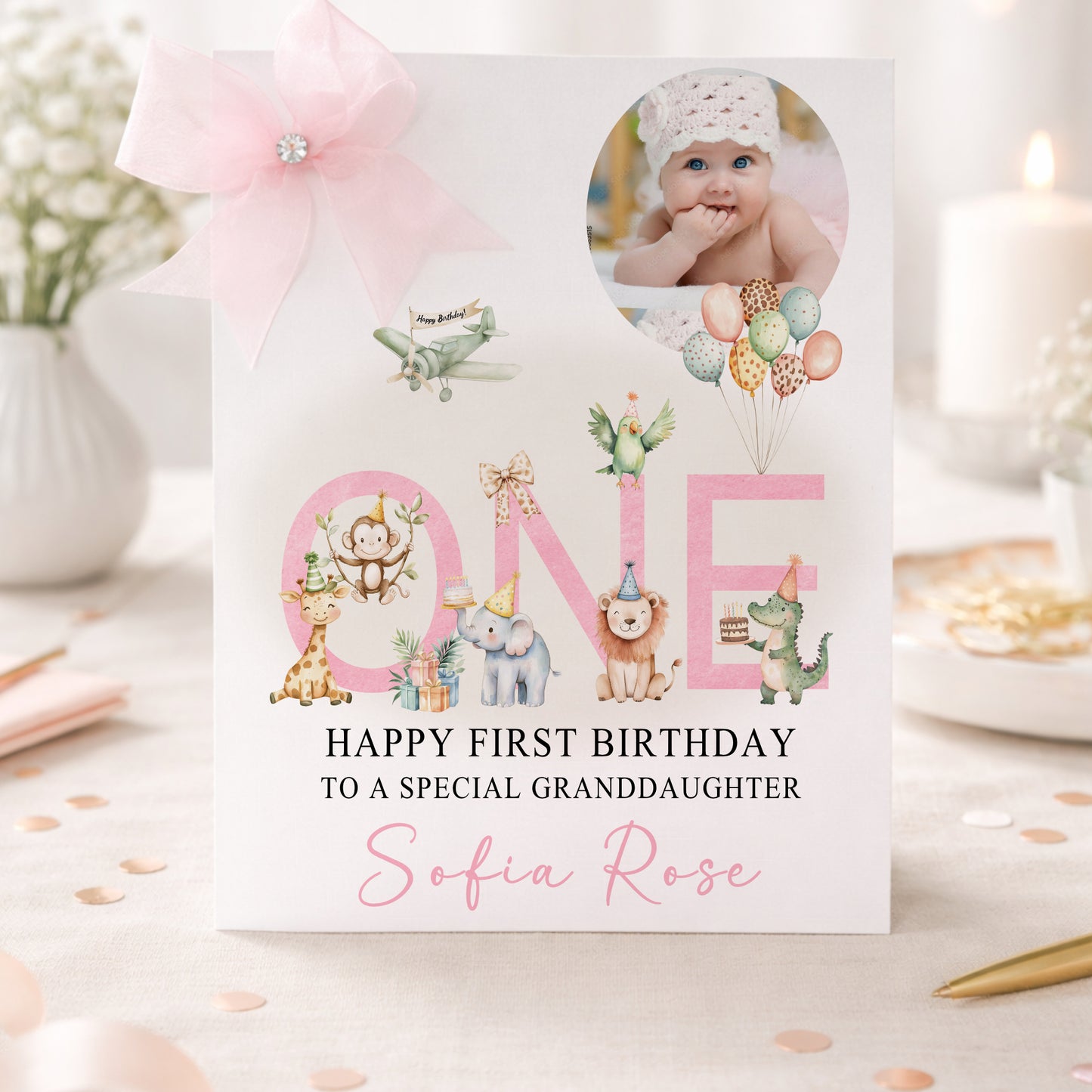 Large A4 Luxury Personalised First Birthday Card, Jungle Animals Girl