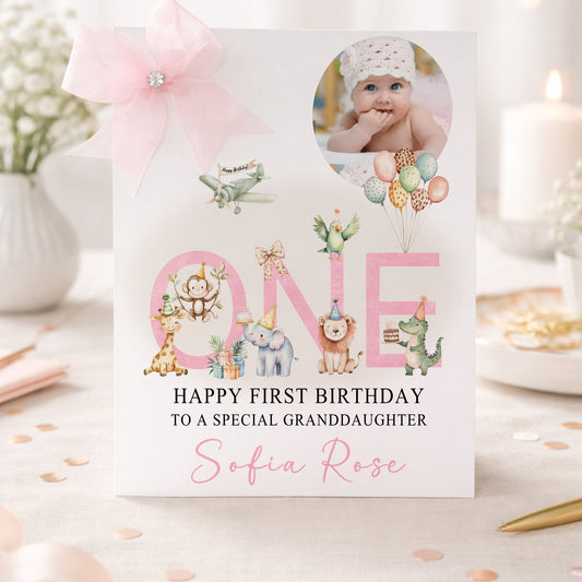 Large A4 Luxury Personalised First Birthday Card, Jungle Animals Girl