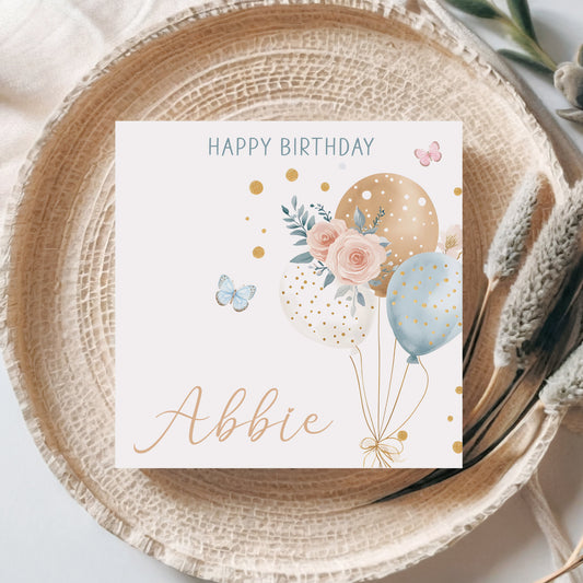 Floral Watercolour Balloons Personalised Birthday Card For Her