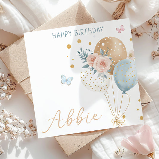 Floral Watercolour Balloons Personalised Birthday Card For Her