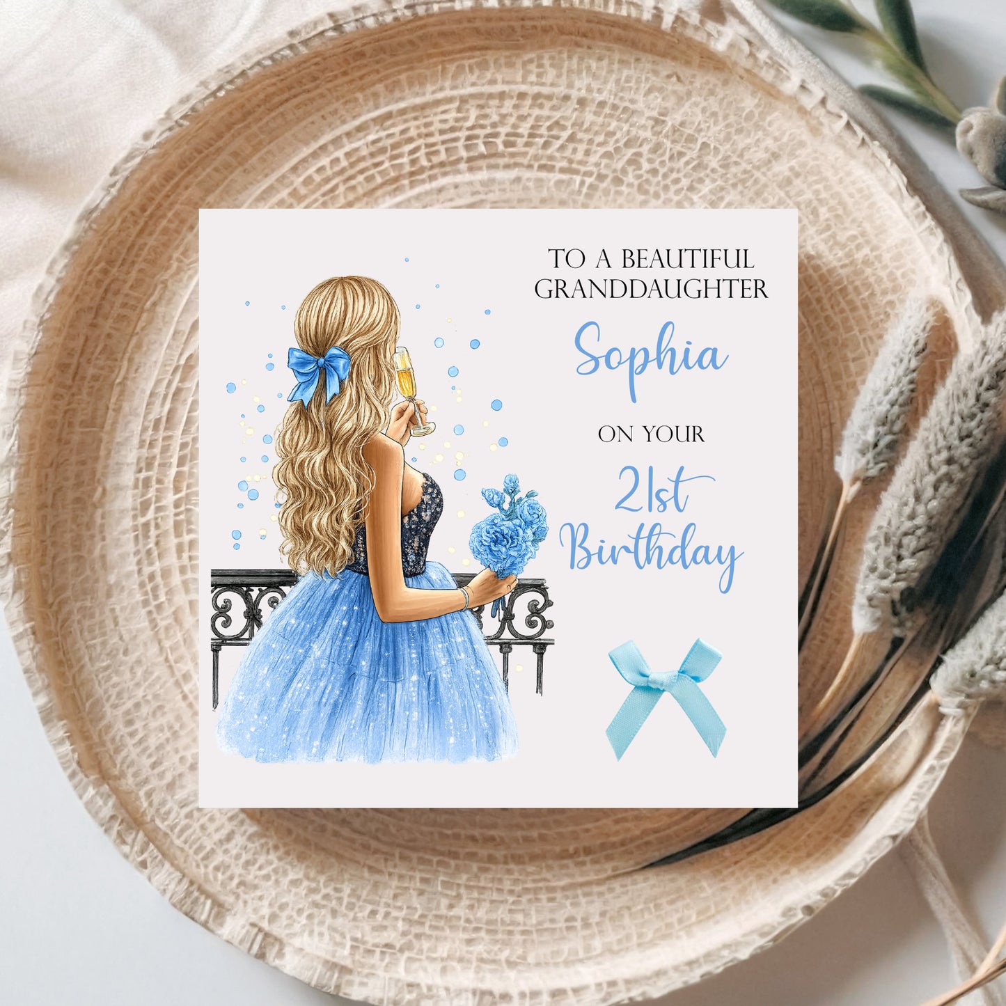 Personalised 21st Birthday Card for Girls | Blue Dress Birthday Card | Custom Name & Age Birthday Card for Her