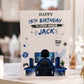 Personalised A4 gaming birthday card for boys featuring a gamer at a gaming setup with custom name, age and recipient in a modern green gaming theme.