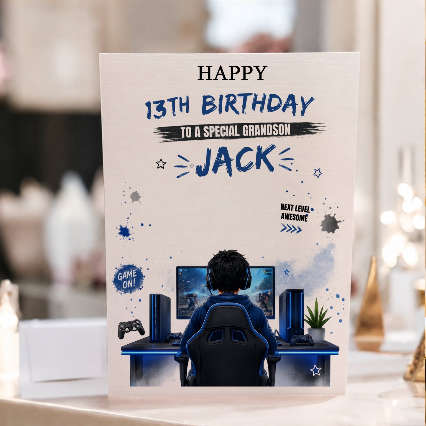 Personalised A4 gaming birthday card for boys featuring a gamer at a gaming setup with custom name, age and recipient in a modern green gaming theme.