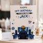 Personalised A4 gaming birthday card for boys featuring a gamer at a gaming setup with custom name, age and recipient in a modern green gaming theme.
