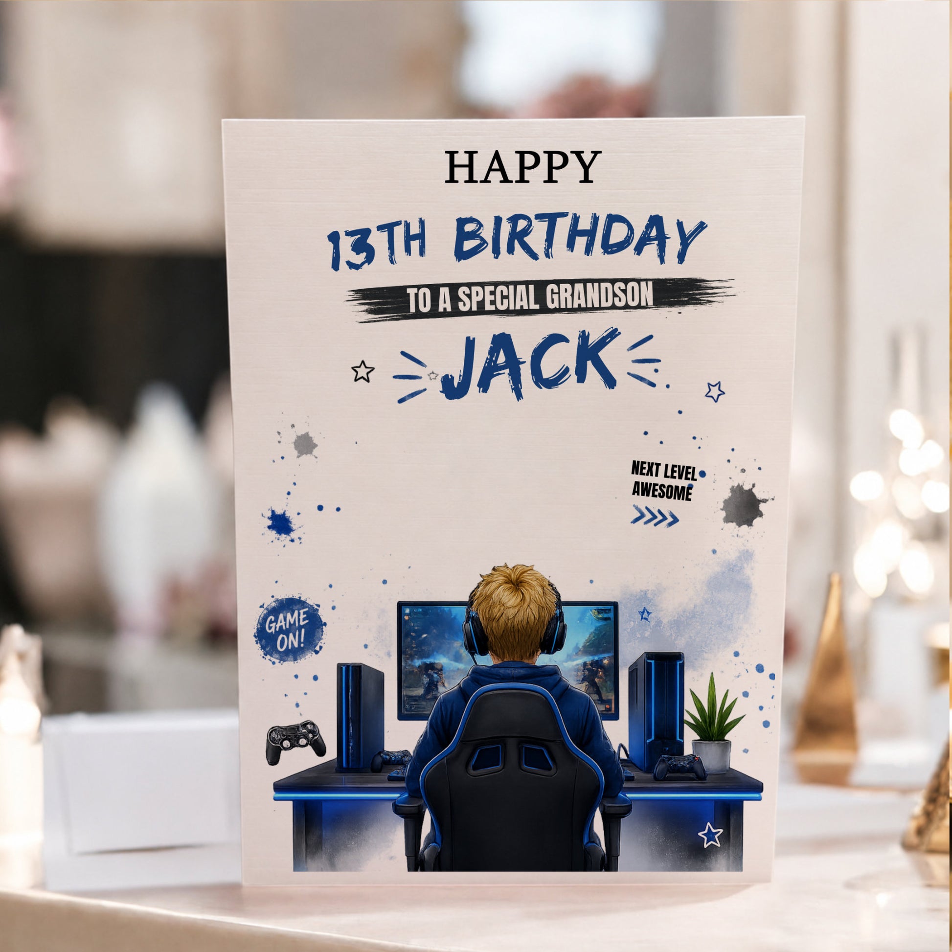 Personalised A4 gaming birthday card for boys featuring a gamer at a gaming setup with custom name, age and recipient in a modern green gaming theme.
