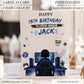 Personalised A4 gaming birthday card for boys featuring a gamer at a gaming setup with custom name, age and recipient in a modern green gaming theme.