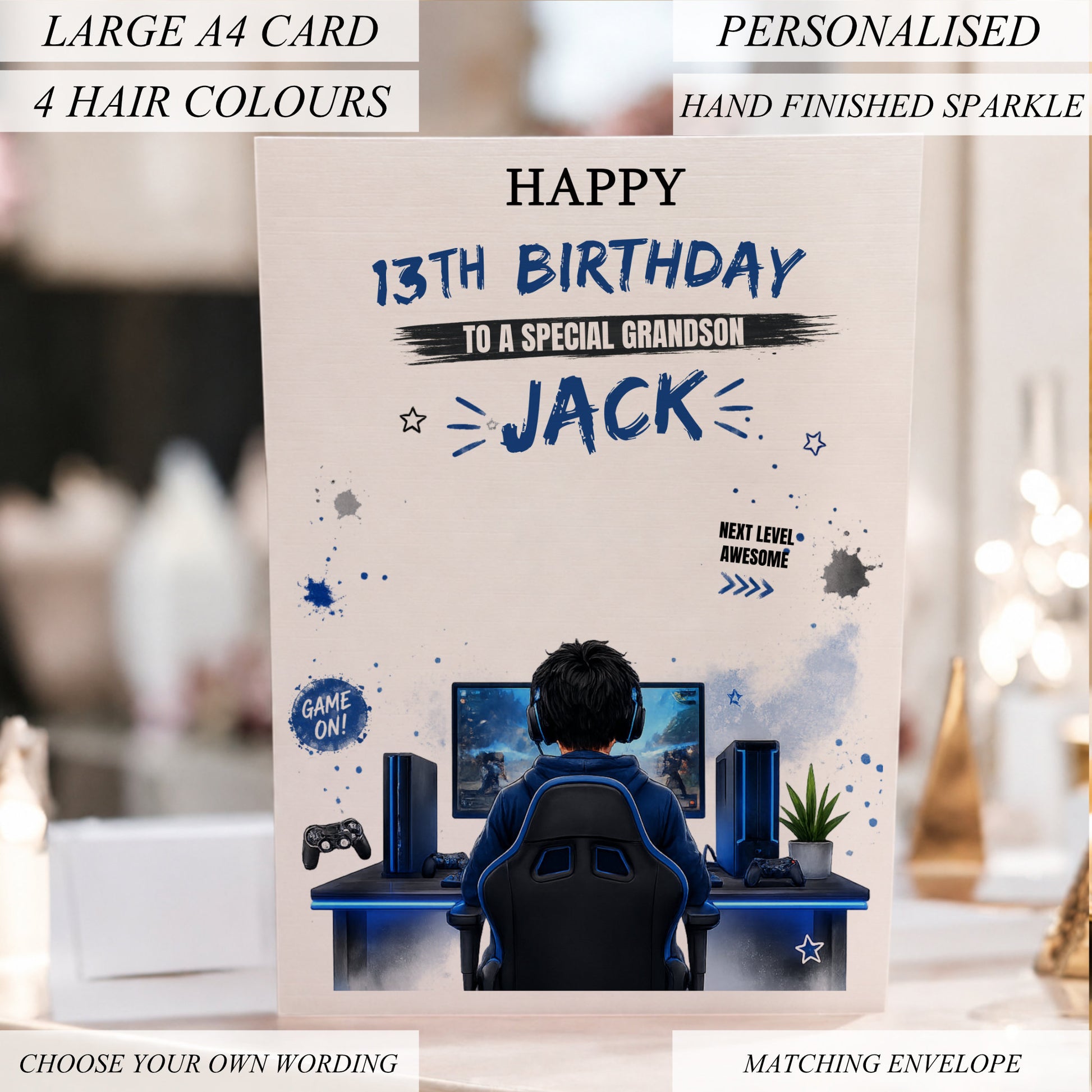 Personalised A4 gaming birthday card for boys featuring a gamer at a gaming setup with custom name, age and recipient in a modern green gaming theme.
