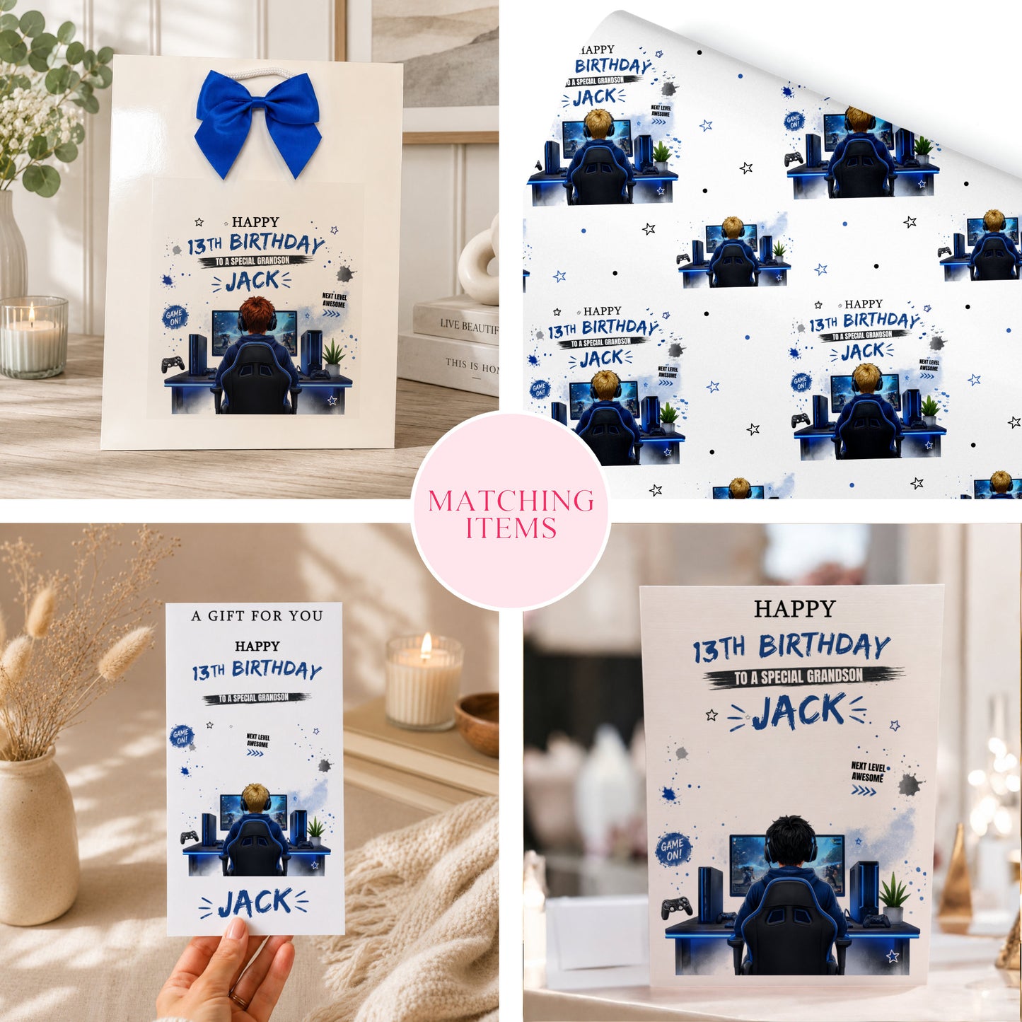 Personalised A4 gaming birthday card for boys featuring a gamer at a gaming setup with custom name, age and recipient in a modern green gaming theme.