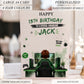 A personalized large A4 birthday card for a special grandson, featuring a gaming-themed illustration of a boy at a desk with a computer setup. The card is shown in a blurred indoor setting, with promotional text overlays indicating it is large, A4 size, and customizable.