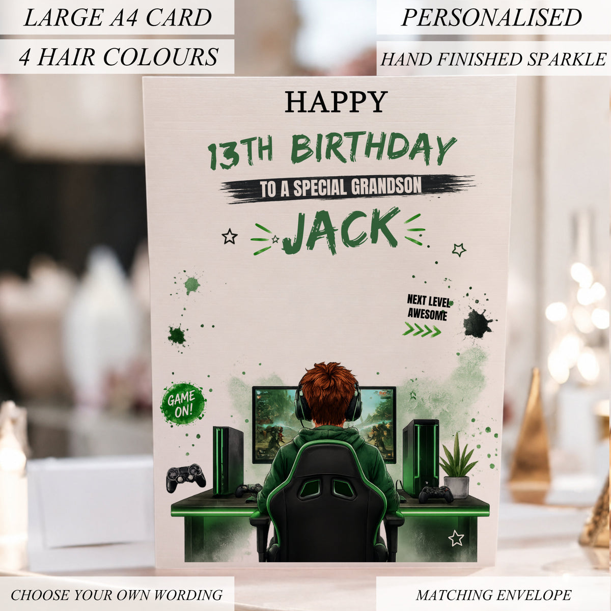 A personalized large A4 birthday card for a special grandson, featuring a gaming-themed illustration of a boy at a desk with a computer setup. The card is shown in a blurred indoor setting, with promotional text overlays indicating it is large, A4 size, and customizable.