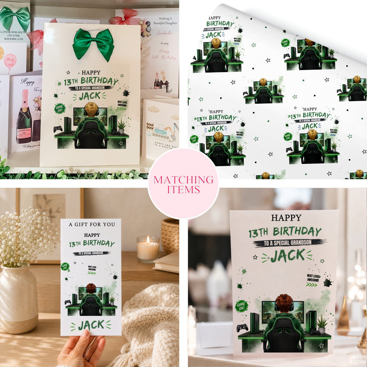 A collage showing a 13th birthday gaming-themed greeting card and matching wallpaper. The card features a green gaming chair illustration with the text 'HAPPY 13TH BIRTHDAY TO A SPECIAL GAMEDAN JACK' and a green bow on the front.