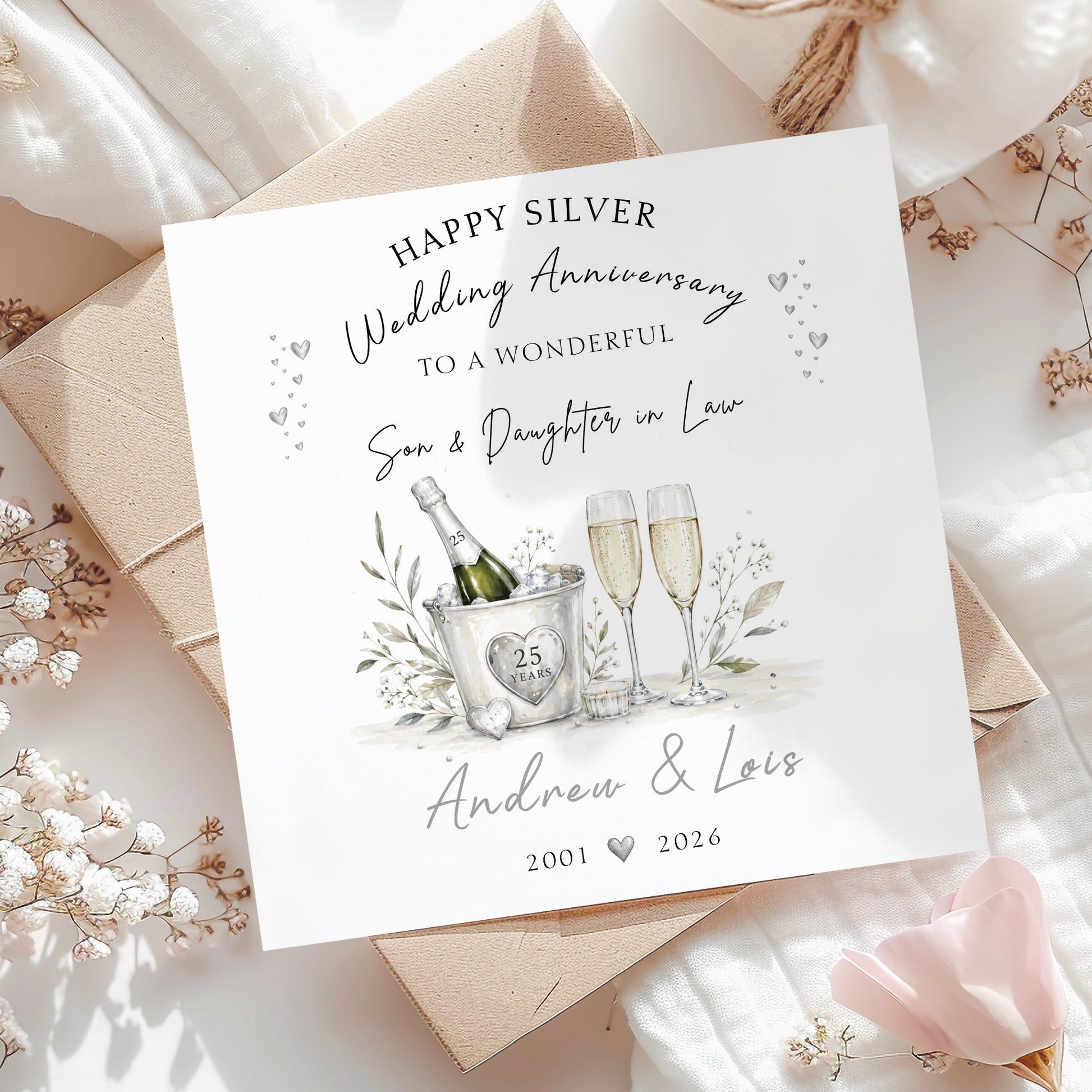 Personalised 25th Silver Wedding Anniversary card for Son and Daughter in Law with champagne glasses, silver hearts and names