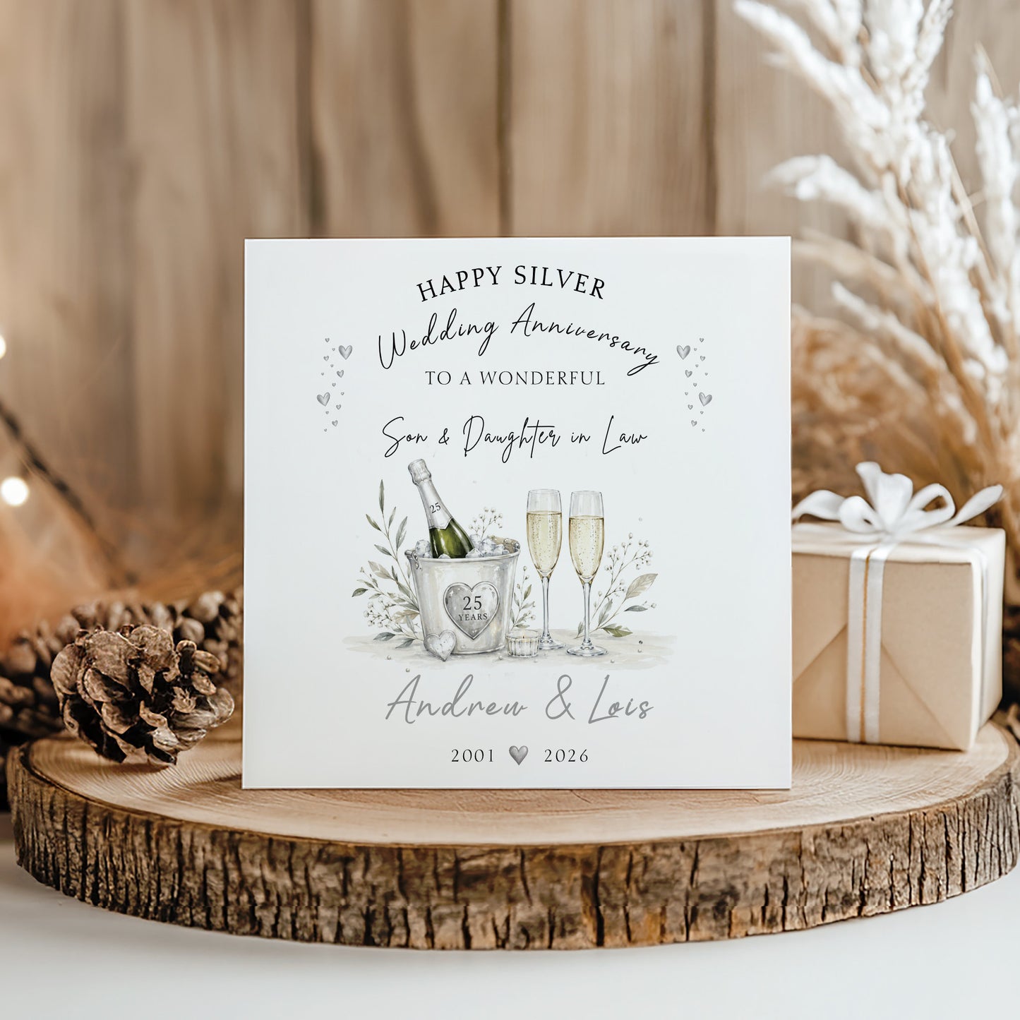 Personalised 25th Silver Wedding Anniversary card for Son and Daughter in Law with champagne glasses, silver hearts and names