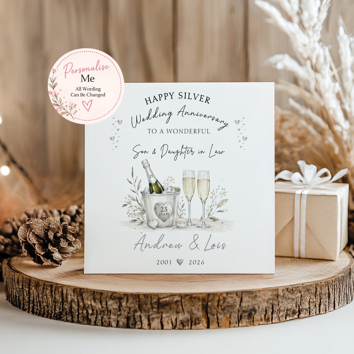 Personalised 25th Silver Wedding Anniversary card for Son and Daughter in Law with champagne glasses, silver hearts and names