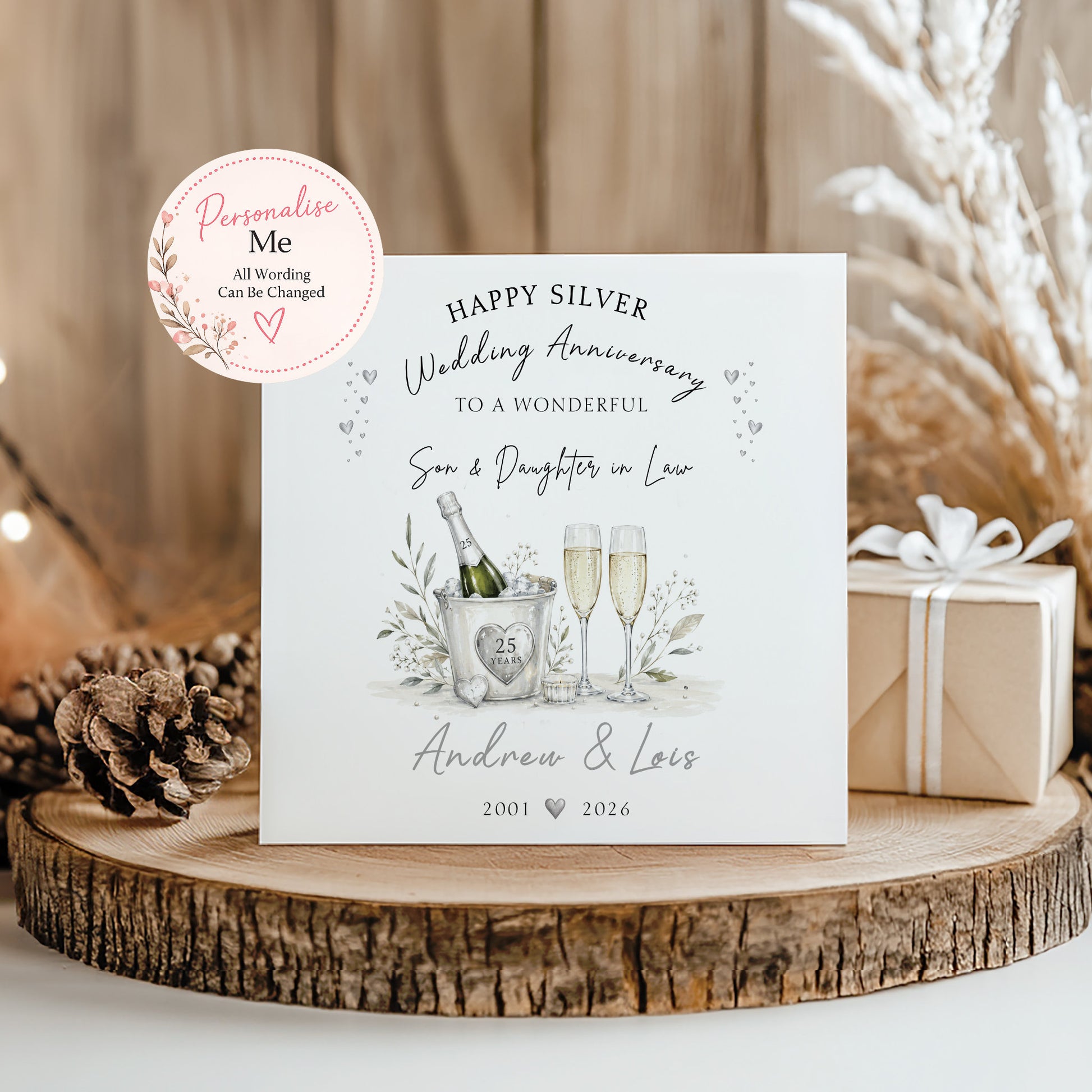 Personalised 25th Silver Wedding Anniversary card for Son and Daughter in Law with champagne glasses, silver hearts and names