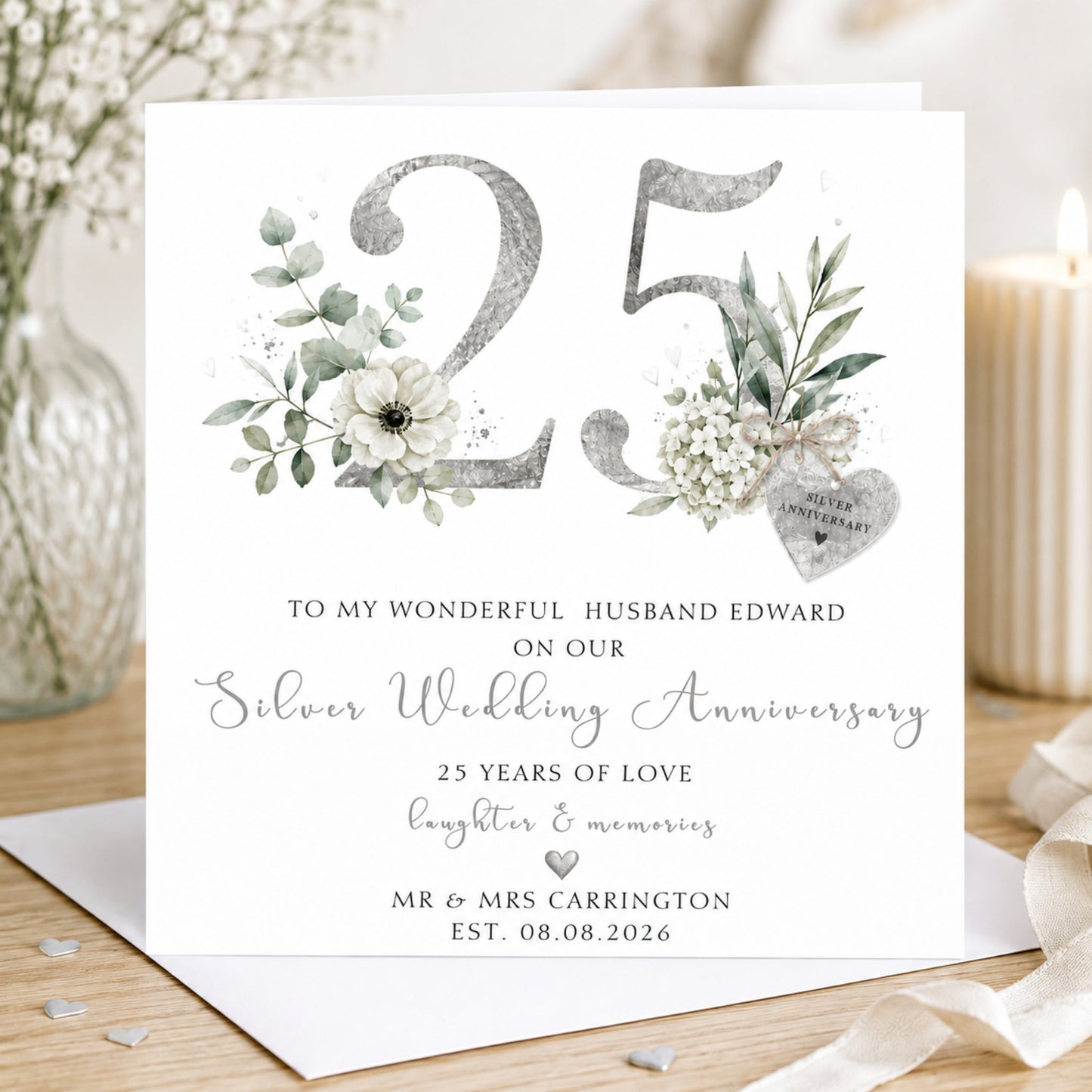 Personalised 25th Silver Wedding Anniversary card with elegant silver 25 design, flowers, foliage and personalised names