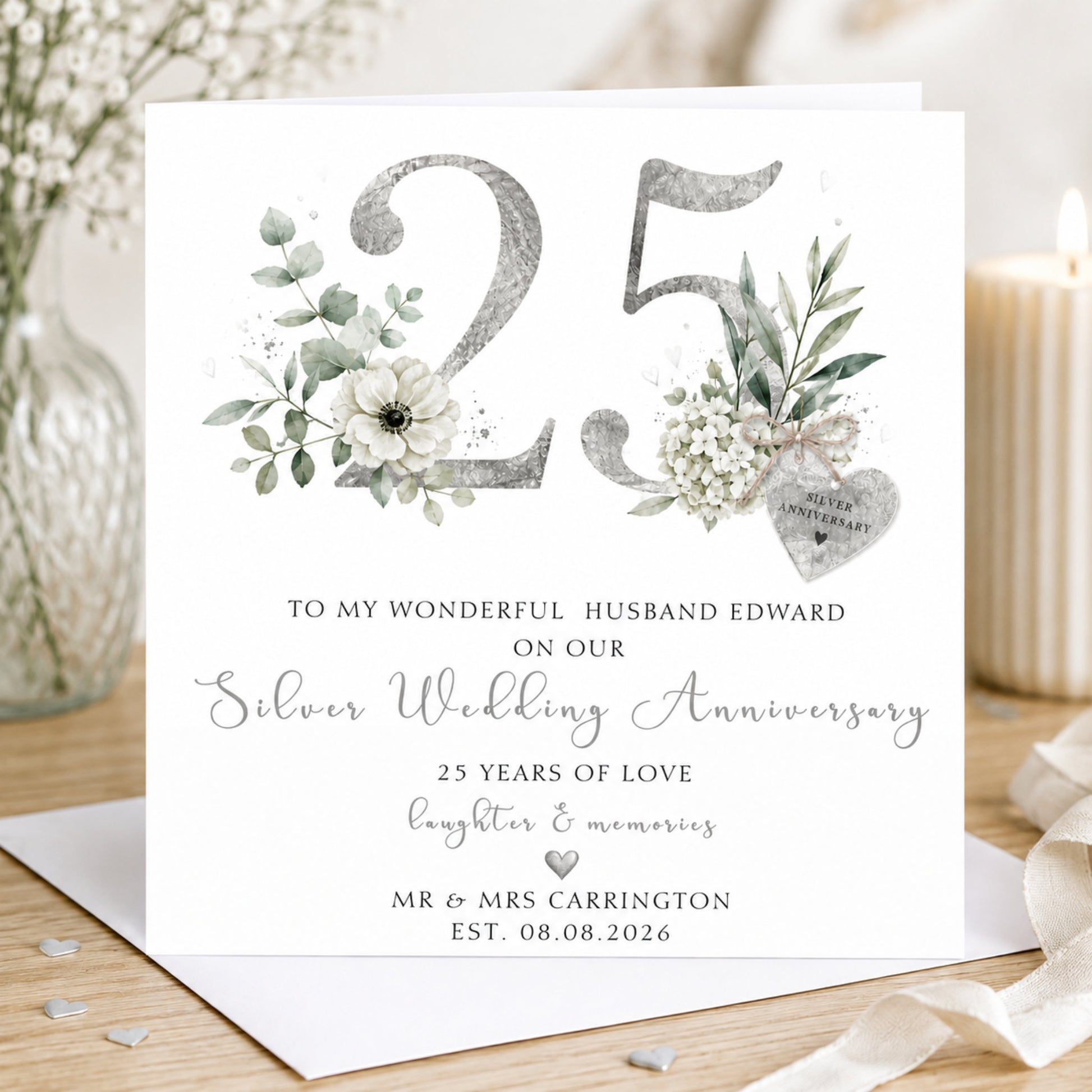 Personalised 25th Silver Wedding Anniversary card with elegant silver 25 design, flowers, foliage and personalised names