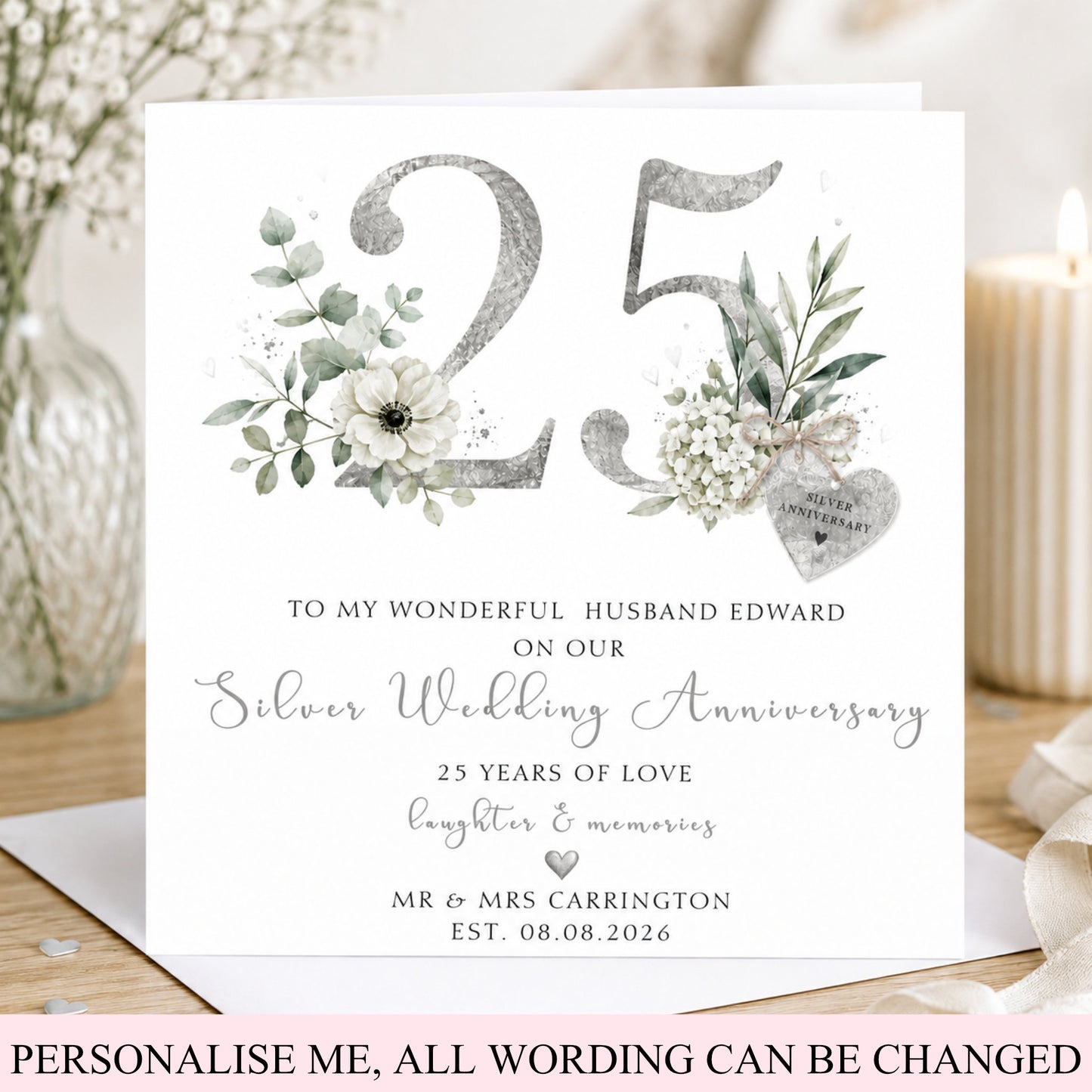 Personalised 25th Silver Wedding Anniversary card with elegant silver 25 design, flowers, foliage and personalised names