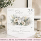Personalised 25th Silver Wedding Anniversary card with silver hearts, white flowers, eucalyptus foliage and personalised couple names