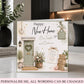 Personalised new home card featuring a sage green front door with a floral wreath, flowers, hearts, Home Sweet Home sign and personalised names, in soft neutral and pastel tones.
