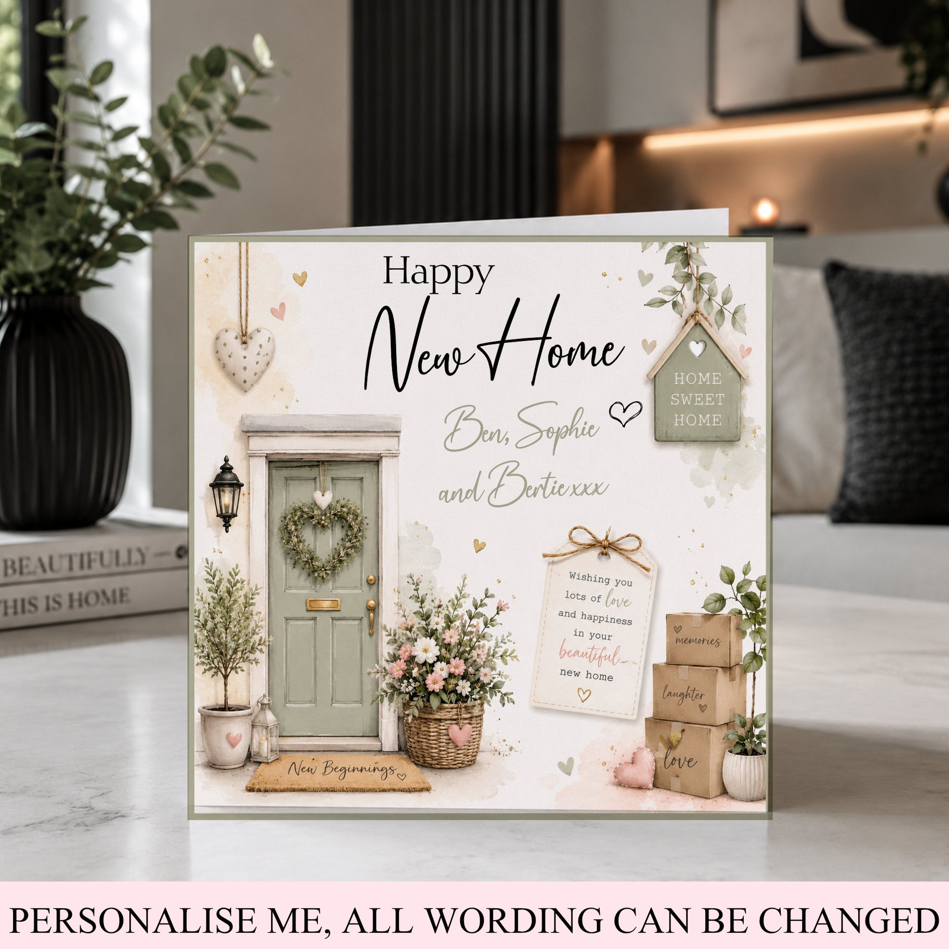 Personalised new home card featuring a sage green front door with a floral wreath, flowers, hearts, Home Sweet Home sign and personalised names, in soft neutral and pastel tones.
