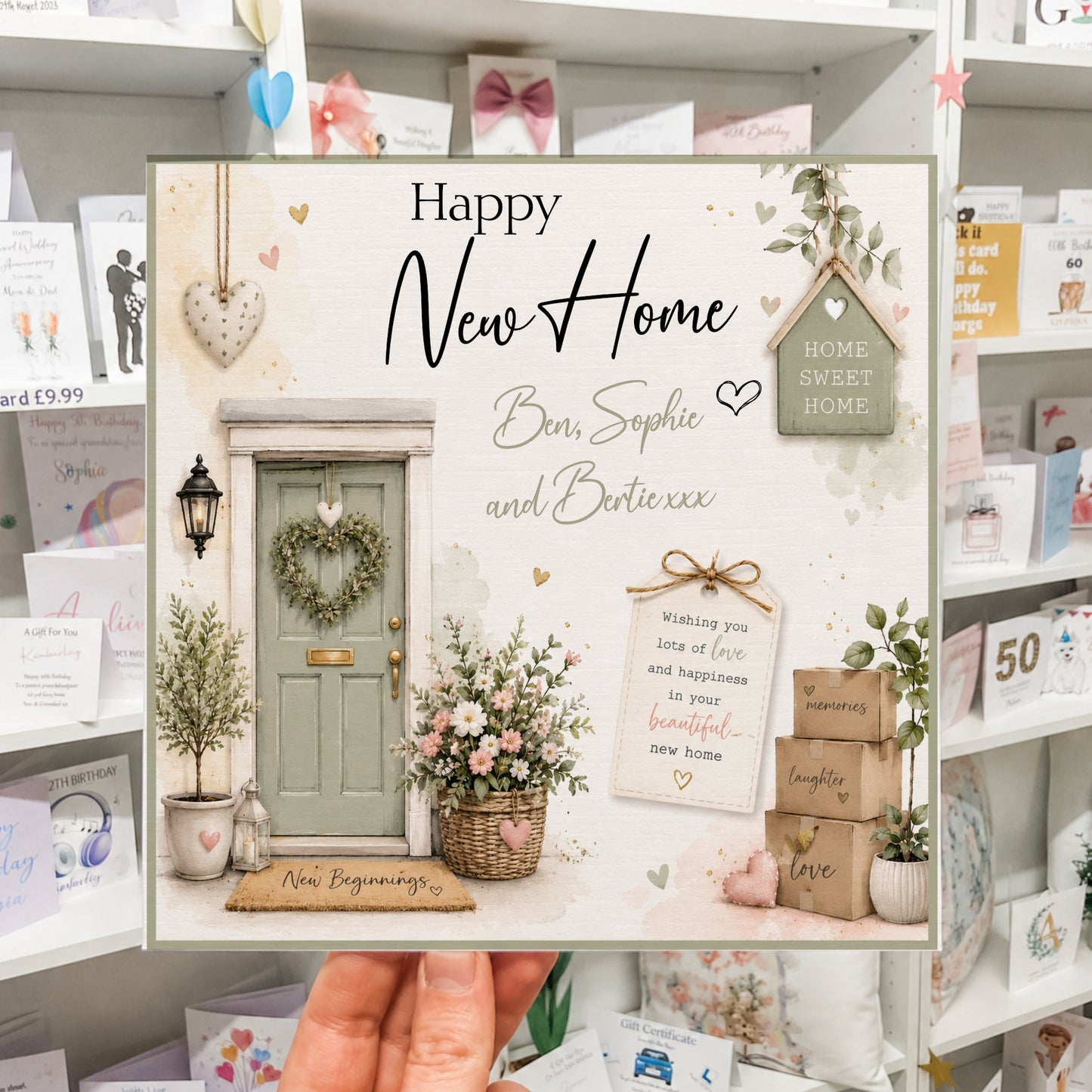 Personalised new home card featuring a sage green front door with a floral wreath, flowers, hearts, Home Sweet Home sign and personalised names, in soft neutral and pastel tones.