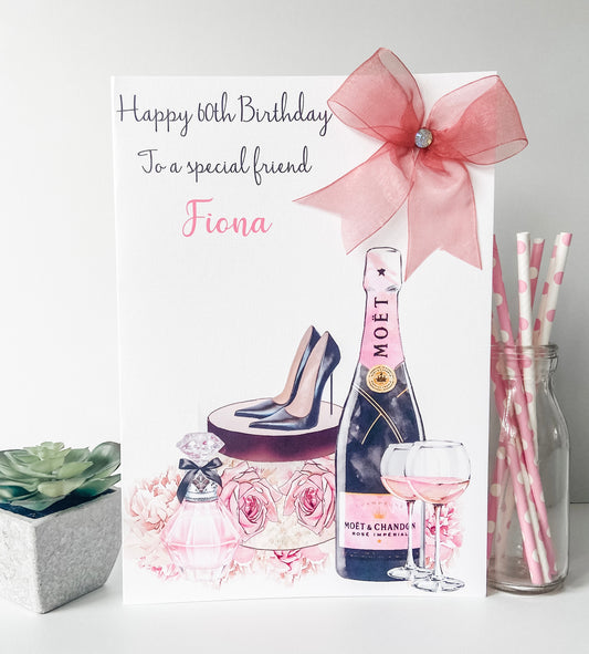 Large A4 Personalised Birthday Card Female Girls Champagne Gifts Shoes