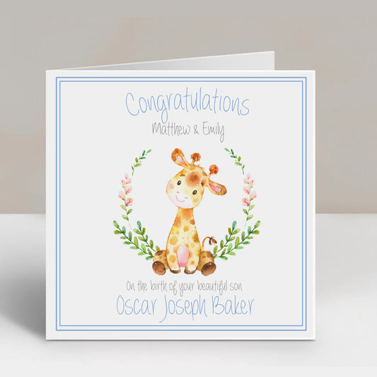 Personalised Congratulations New Baby Boy Card Watercolour Giraffe