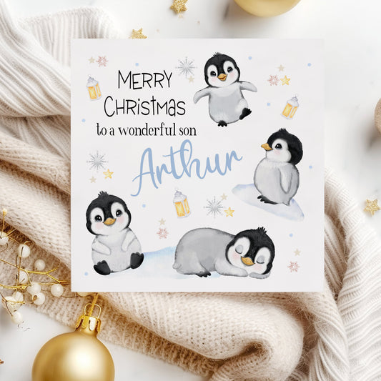Christmas Card Cute Penguins Blue