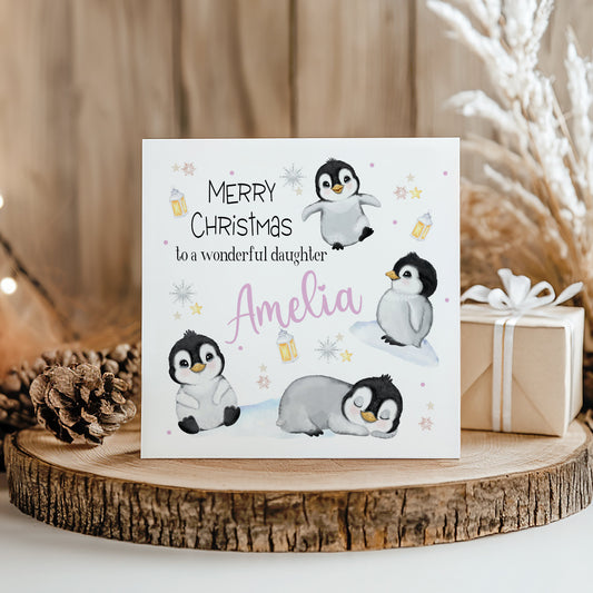 Christmas Card Cute Penguins Pink