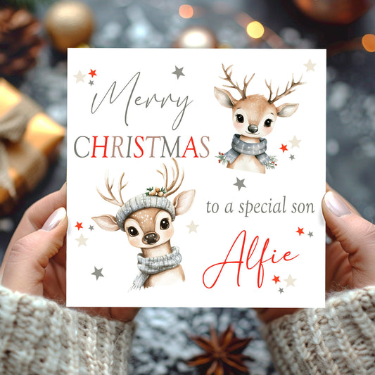 Christmas Card Cute Reindeers Grey Scarf