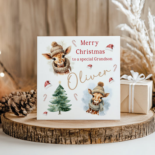 Christmas Card Giraffe's Blue & Brown Scarf