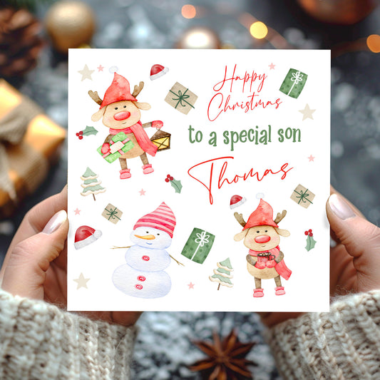 Personalised Christmas Card 'Snowman Reindeer'