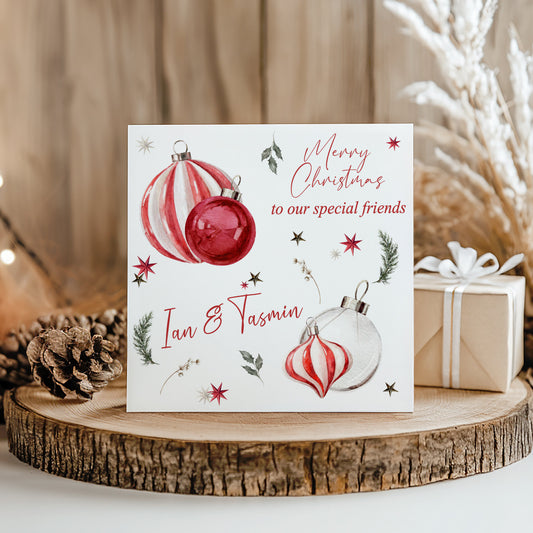 Personalised Christmas Card 'Red Candy Baubles'