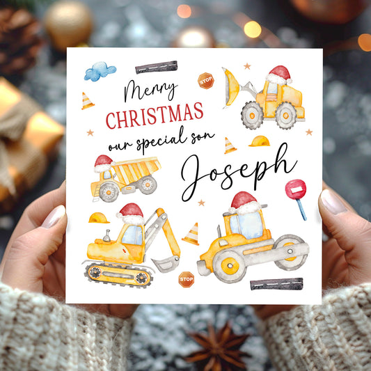 Personalised Christmas Card 'Construction Diggers'