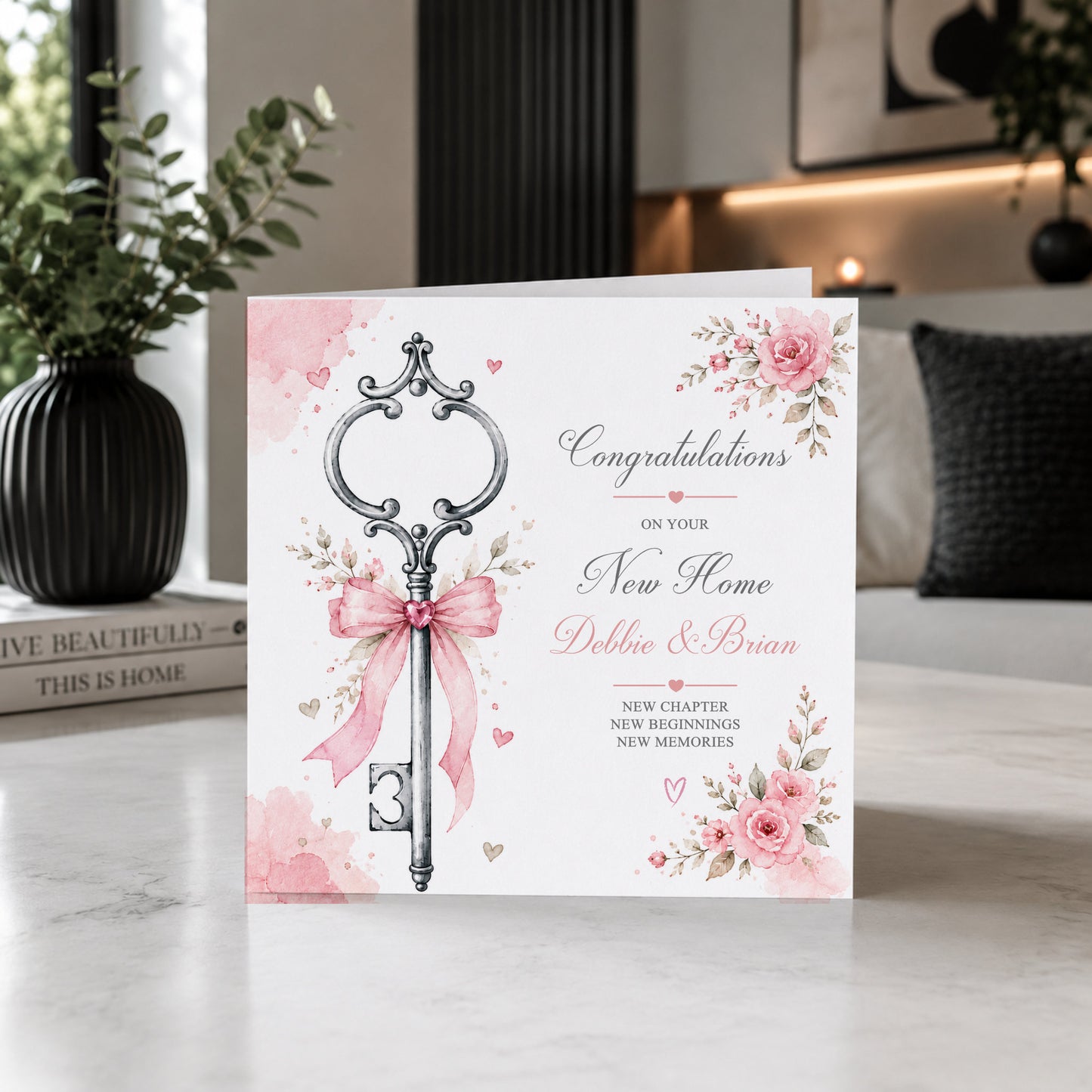 Personalised New Home Card – Floral Key Design