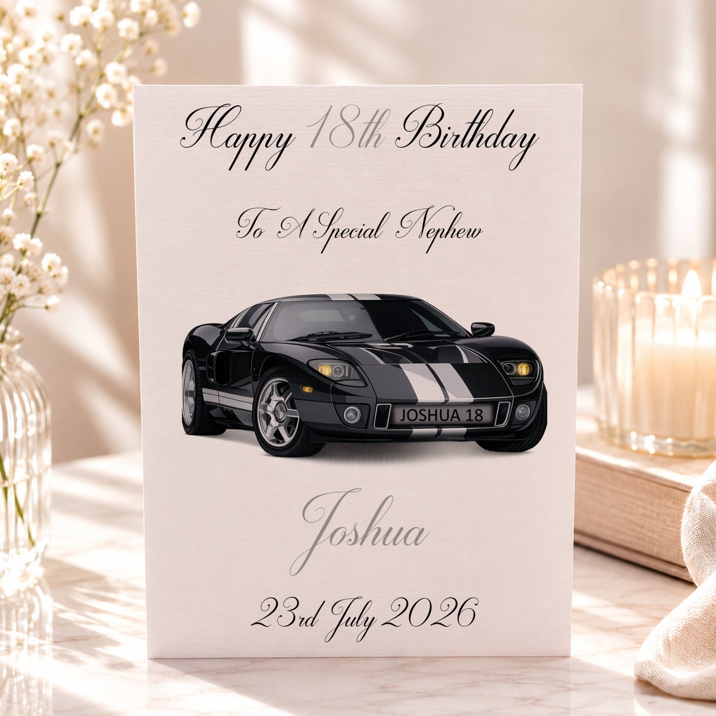 Large A4 Sports car birthday card for him featuring a black sports car with a personalised number plate and any name age or relationship on the front
