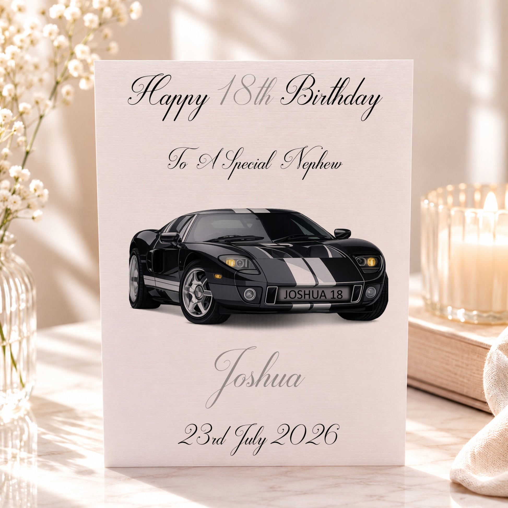 Large A4 Sports car birthday card for him featuring a black sports car with a personalised number plate and any name age or relationship on the front
