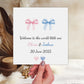 Twins New Baby Welcome to the World Little One Watercolour Bow Pink, Blue