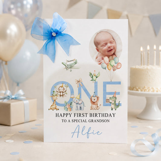 Large A4 Luxury Personalised First Birthday Card, Jungle Animals