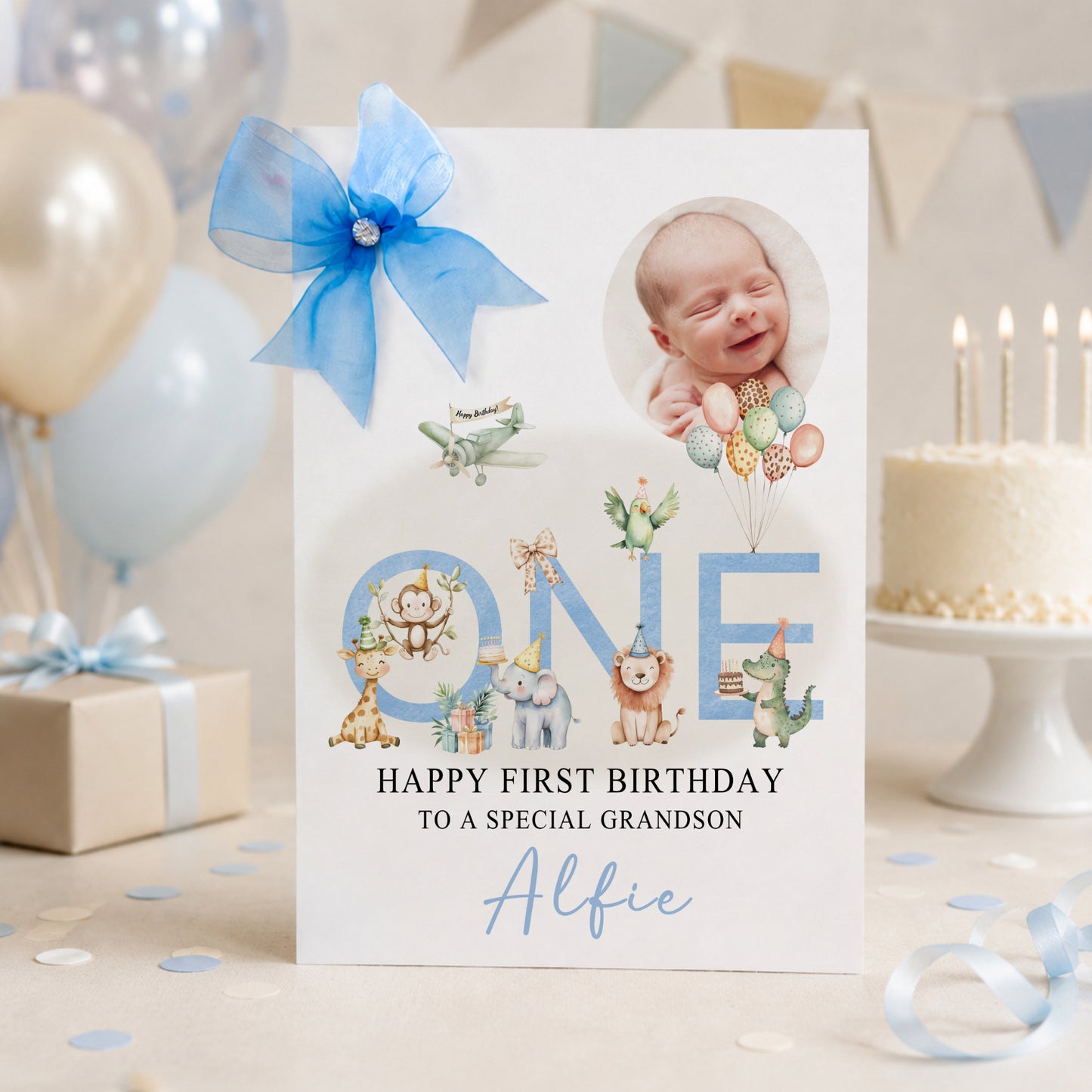 Large A4 Luxury Personalised First Birthday Card, Jungle Animals